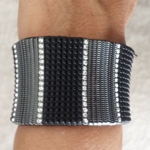 Black/Silver Stretch Cuff Bracelet/Crystal Stone